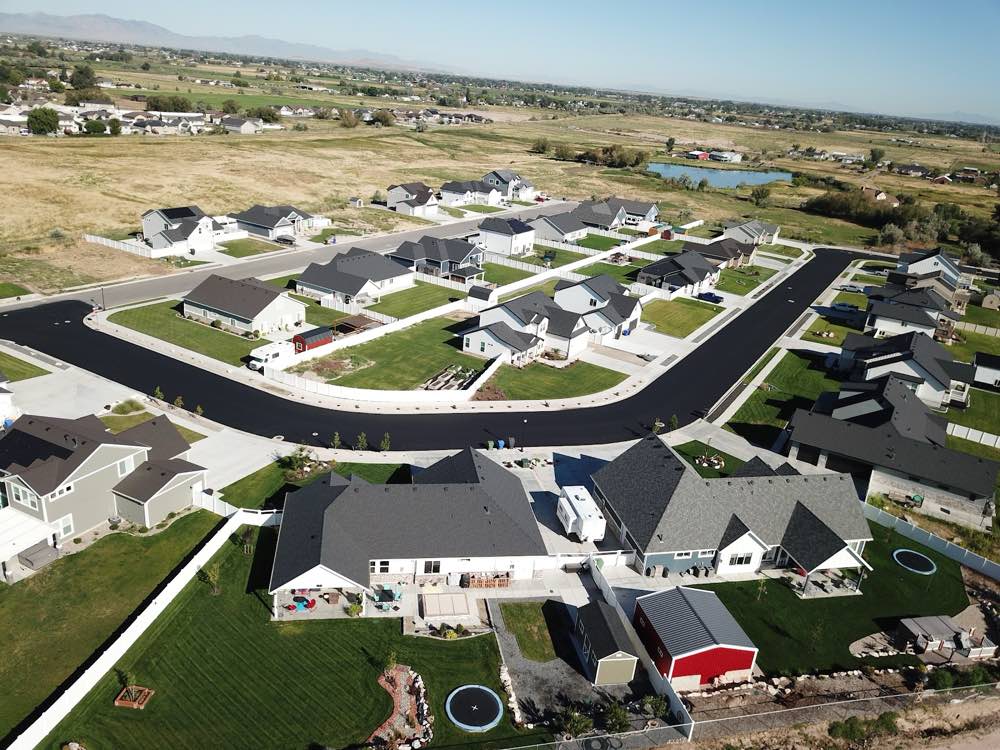 Aerial view of Isla Vista, West Point — custom homes along the subdivision streets