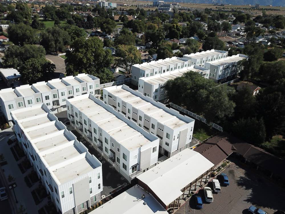Aerial view of Mayfly Rise, Clearfield — rows of three-storey townhomes